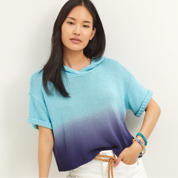 Anthropologie Sweaters - Anthropologie 525 America Blue Ombre Knit Short Sleeve Cropped Hoodie Sweater M